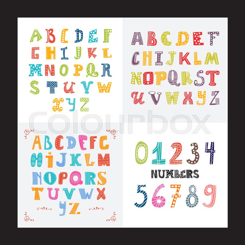 collection of three funny alphabets and set of numbers cute