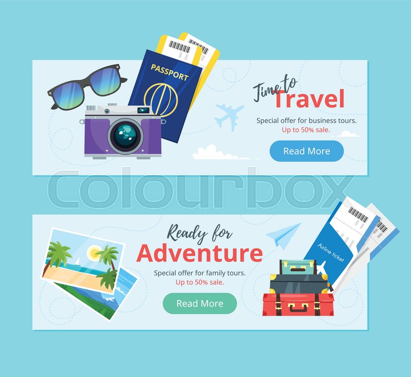 vector cartoon style illustration of journey theme banners travel and tourism advertisement poster template ready for adventure text