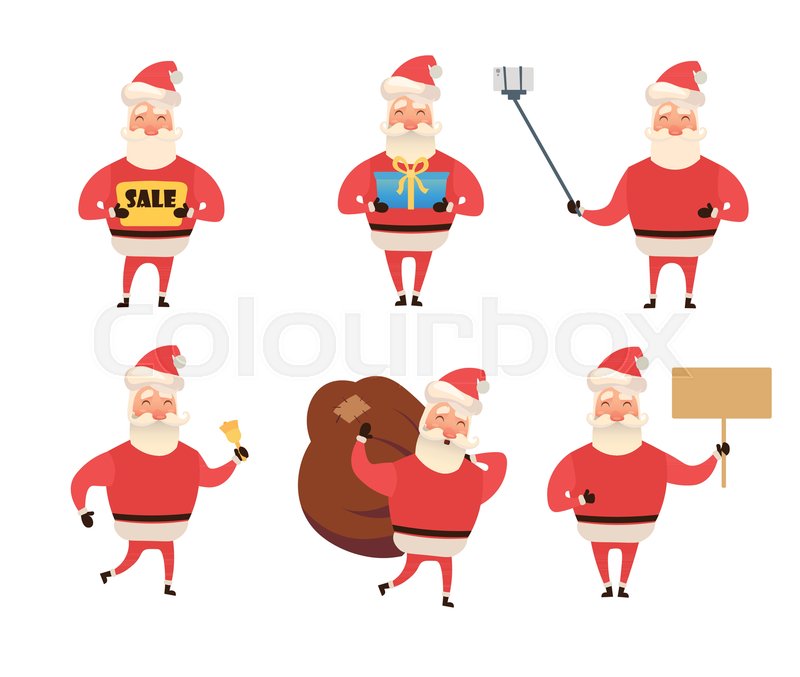 set of cartoon christmas illustrations isolated on white funny happy santa claus character with gift bag with presents waving and greeting - Cartoon Christmas Cards set of cartoon christmas illustrations isolated on white funny happy santa claus character with gift bag with presents waving and greeting - Cartoon Christmas Cards