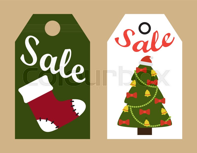 sale promo tags ready to use labels decorated christmas trees and red santa sock promotional advert stickers vector illustrations promo badges stock - Decorative Christmas Labels sale promo tags ready to use labels decorated christmas trees and red santa sock promotional advert stickers vector illustrations promo badges stock - Decorative Christmas Labels