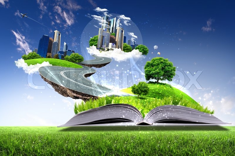 Open book with green nature world ... Stock |