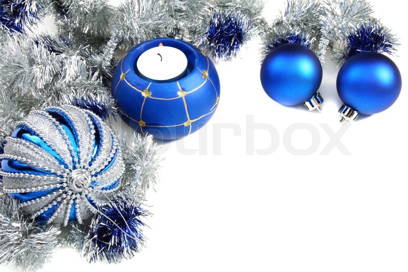 christmas still life with blue balls and tinsel on a white christmas background white