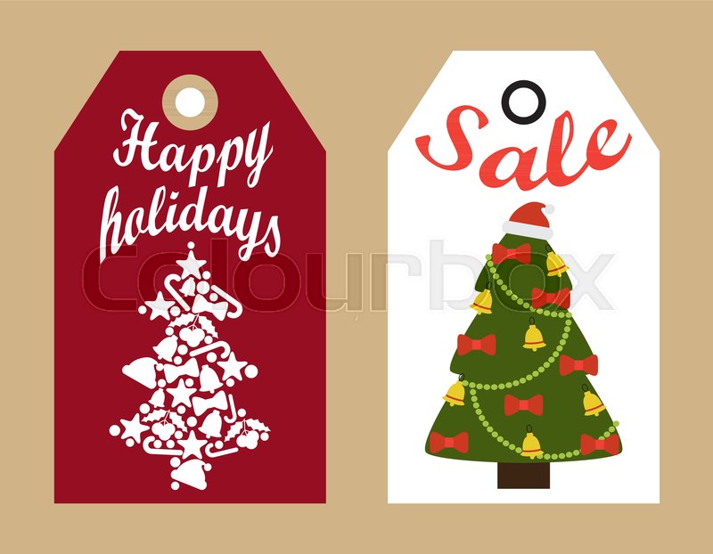 sale happy holidays decorative tags with new year christmas trees hanging badges shopping promotional labels announcements about discounts vector stock - Decorative Christmas Labels sale happy holidays decorative tags with new year christmas trees hanging badges shopping promotional labels announcements about discounts vector stock - Decorative Christmas Labels