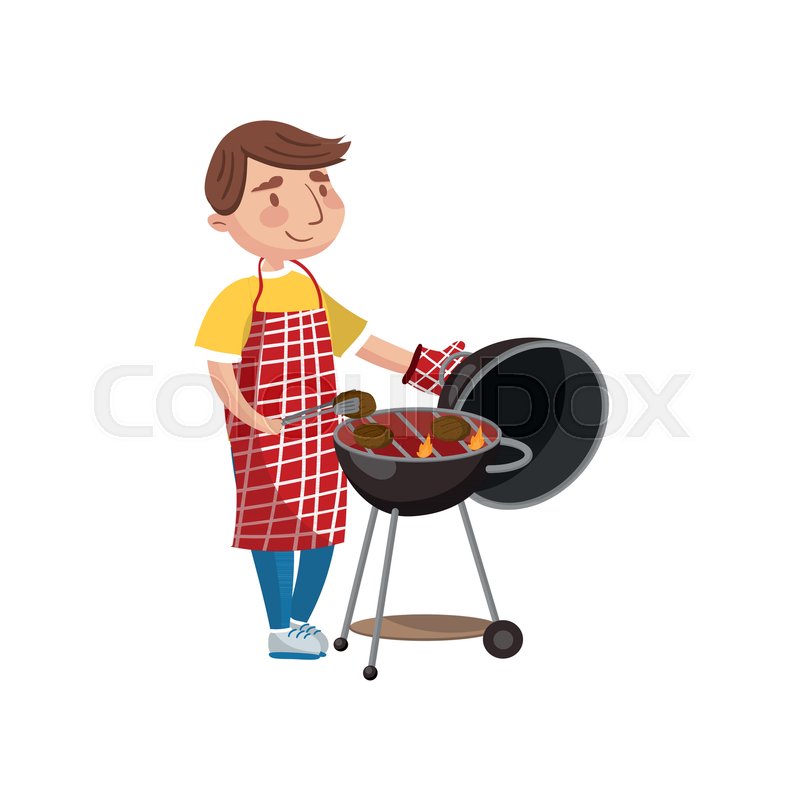 Young Man Preparing Steak On The Stock Vector Colourbox