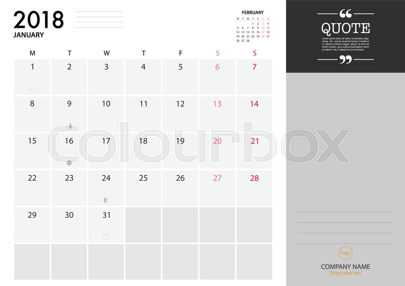 january planner 2018 on white background for organization and