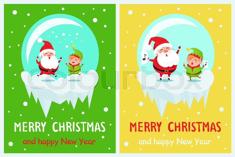 merry christmas and happy new year posters set santa and elf in christmas elf songs