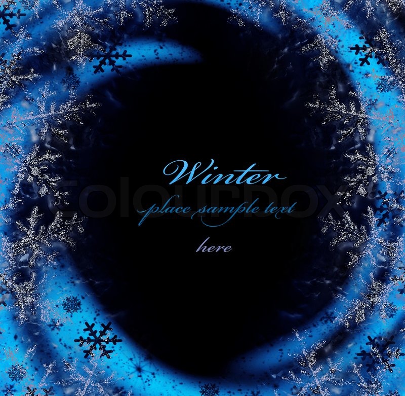 Dark blue winter decorative frame, snowflakes with glowing 