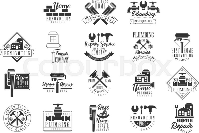 plumbing and repairing service black and white sign design templates with text and instrument silhouettes collection of monochrome vector emblems for