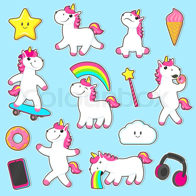 Set Of Stickets With Unicorns Sitting Standing Skating Eating Donuts Vomiting Rainbow Flat Cartoon Vector Illustration Isolated On White Background Set Of Stickets With Unicorns Sitting Standing Skating Eating Donuts Vomiting Rainbow Flat Cartoon Vector Illustration Isolated On White Background