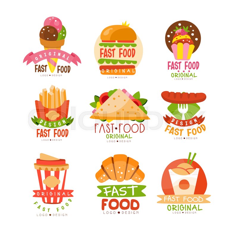 Fast Food Logos Set Burger Cupcake Pizza French Fries Croissant Sausage Sandwich Ice Cream Cone Vector Illustrations On A White Background Fast Food Logos Set Burger Cupcake Pizza French Fries Croissant Sausage Sandwich Ice Cream Cone Vector Illustrations On A White Background