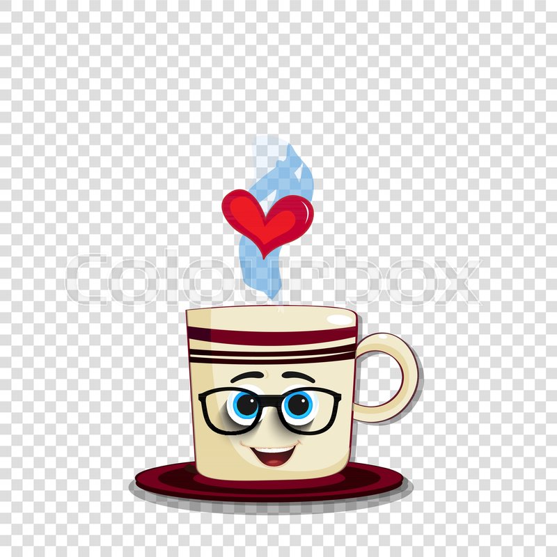 Cute Cartoon Coffee Mug Character With Striped Print Funny Face Glasses And Heart In Steam Isolated On Transparent Background Vector Illustration Cute Cartoon Coffee Mug Character With Striped Print Funny Face Glasses And Heart In Steam Isolated On Transparent Background Vector Illustration