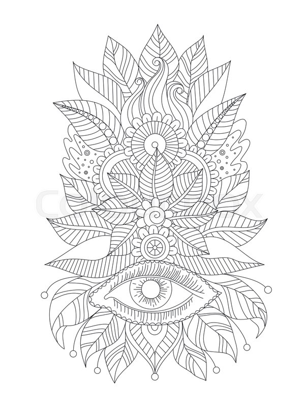Floral Line Art Isolated Ornament Magical Eye Henna Mehendi Design Oriental Black And White Pattern Indian Traditional Vector Illustration