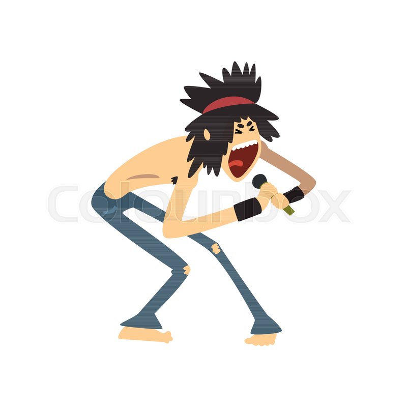 Metal or rock singer with crazy hair singing into microphone. Cartoon character of guy in ripped skinny jeans. Young vocalist performing on stage. Flat vector design | Stock vector | Colourbox Metal or rock singer with crazy hair singing into microphone. Cartoon character of guy in ripped skinny jeans. Young vocalist performing on stage. Flat vector design | Stock vector | Colourbox