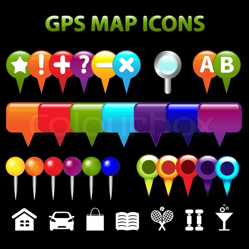 34 GPS Map Icons, Isolated On Black | Stock vector | Colourbox