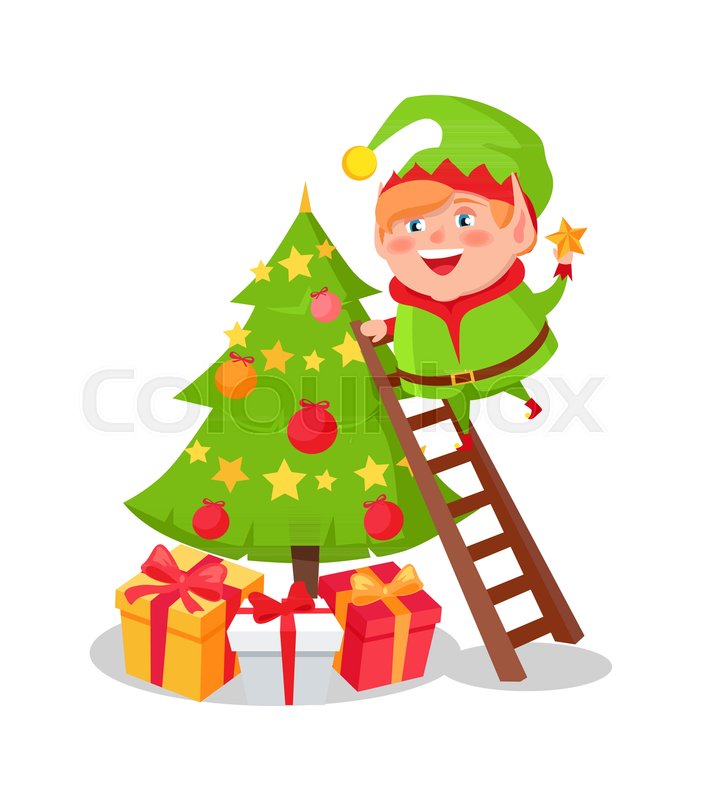 elf cartoon character decorate christmas tree putting star on top standing on ladder many gift boxes and new year symbol vector illustration postcard - Decorative Christmas Boxes elf cartoon character decorate christmas tree putting star on top standing on ladder many gift boxes and new year symbol vector illustration postcard - Decorative Christmas Boxes