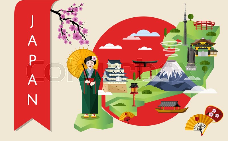 japan famous landmarks and travel map with asian girl in traditional dress on background of red sun circle vector illustration travel concept with japan