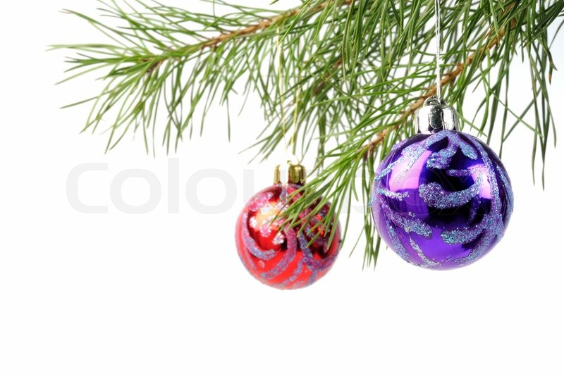 Christmas Tree Branches With Beauty Balls On A White Background Christmas Tree Branches With Beauty Balls On A White Background