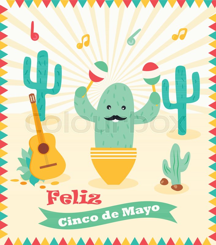 cinco de mayo poster template with bright cactus and symbols vector
