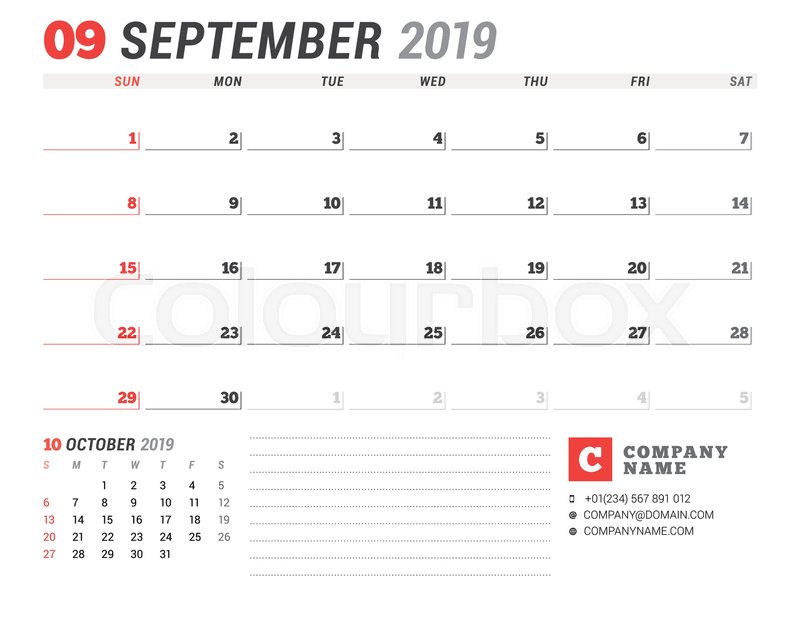 calendar template for september 2019 stock vector colourbox september calendar template 2019