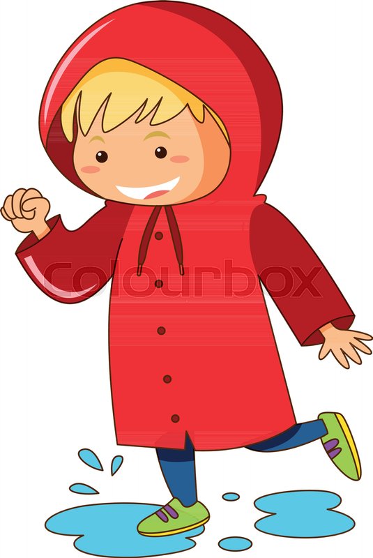 Kid in red raincoat jumping in puddles Stock vector Colourbox