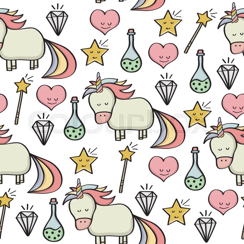doodle seamless pattern with unicorns and other fantasy magical