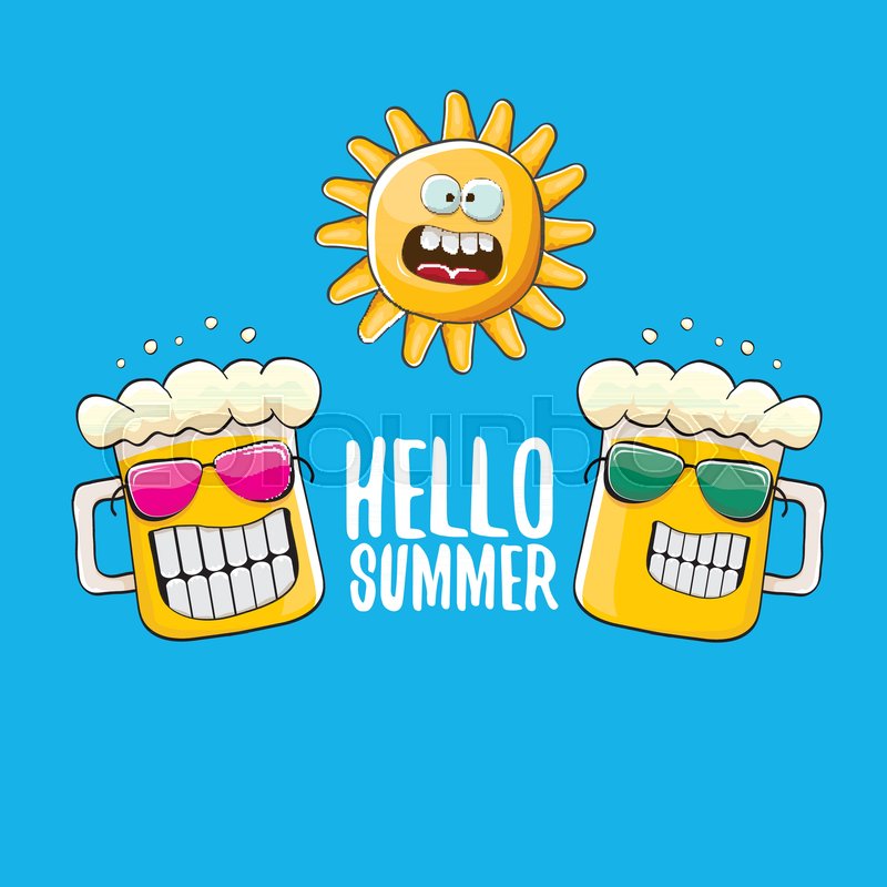 vector cartoon funky beer glass character and summer sun isolated on blue background. Hello summer text and funky beer concept illustration. Funny cartoon smiling friends. | Stock vector | Colourbox vector cartoon funky beer glass character and summer sun isolated on blue background. Hello summer text and funky beer concept illustration. Funny cartoon smiling friends. | Stock vector | Colourbox