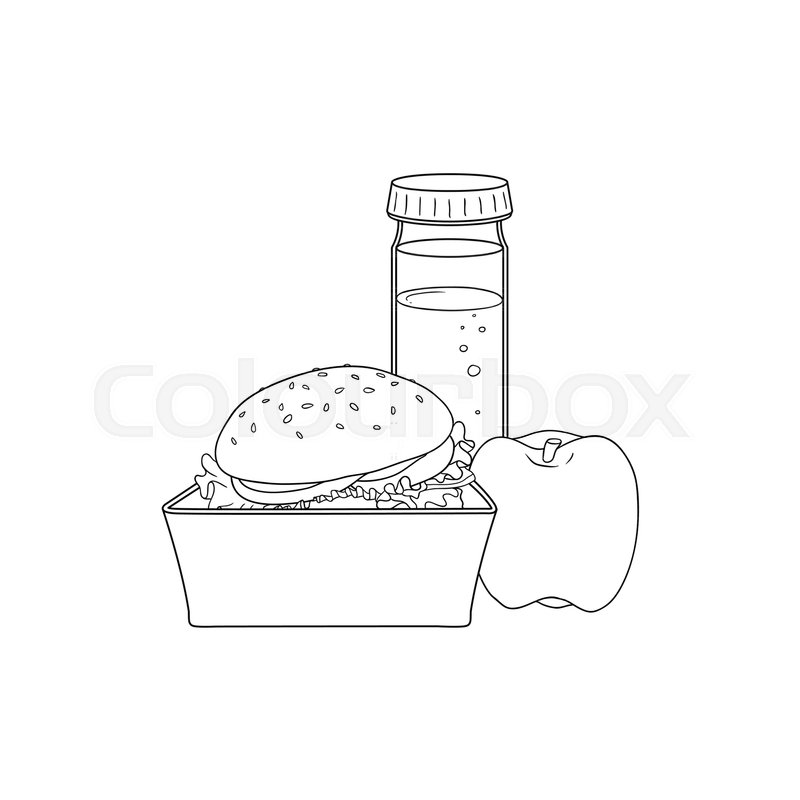 Lunch Food Box With Hamburger Apple And Bottle Of Water Isolated On Lunch Food Box With Hamburger Apple And Bottle Of Water Isolated On