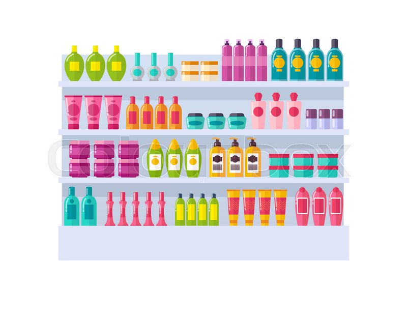 Lot of bottles on shelves vector Stock vector Colourbox