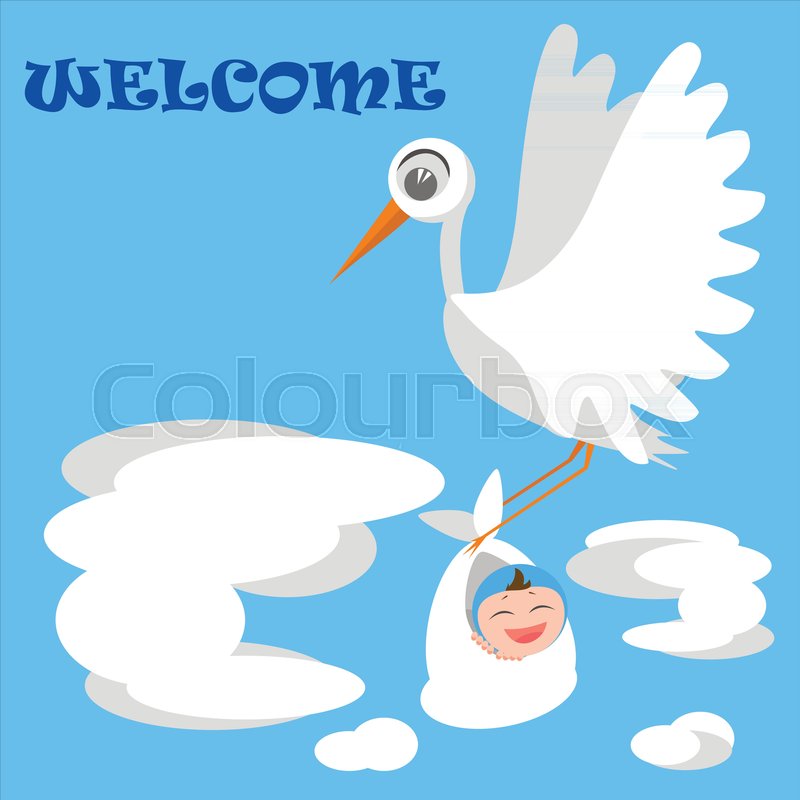 welcome baby boy greeting card with stork bird baby flat style