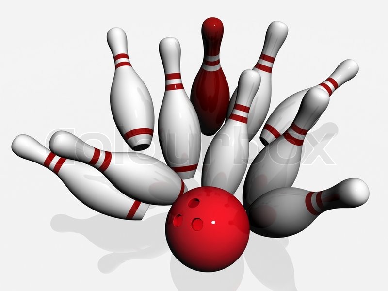 Bowling ball crashing into the pins Stock Photo Colourbox