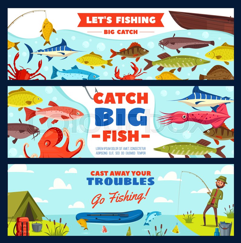 Fishing Banner With Fisherman And Fish Stock Vector Colourbox