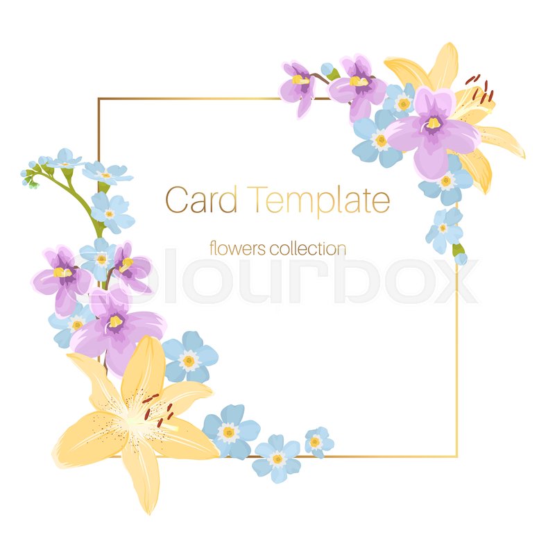 lily viola forget me not floral card border frame template on white