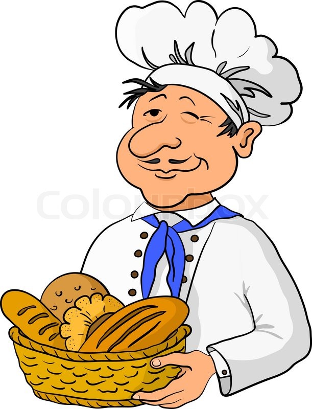 Cook - Bäcker in einer Kappe mit einem Korb von leckeren frisch