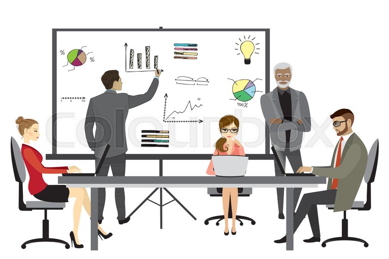 people working on computer flat style cartoon presentation or
