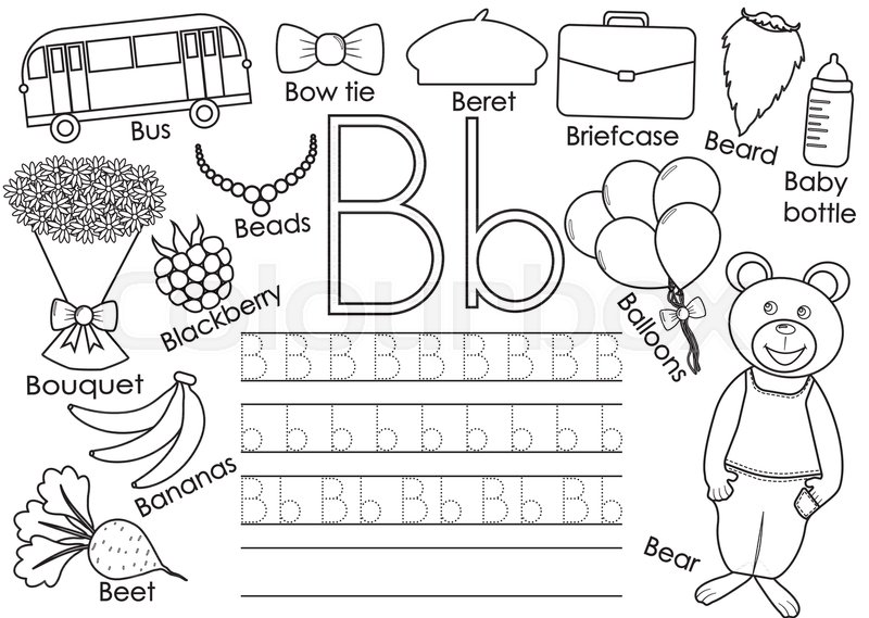 Letter B English Alphabet Writing Practice For Children Educational Game Coloring Book Vector Illustration