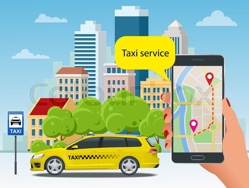 Yellow Taxi Cab And Mobile Application Stock Vector Colourbox