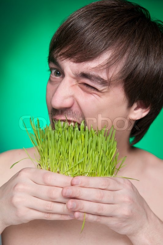 Young Man Eating A Bunch Of Fresh Green Grass Stock Image Colourbox