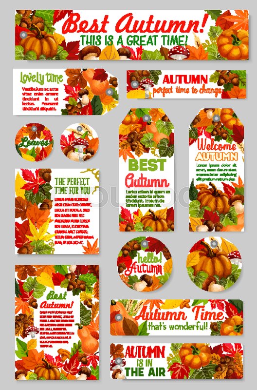 hello autumn and welcome fall seasonal greeting card tag or banner