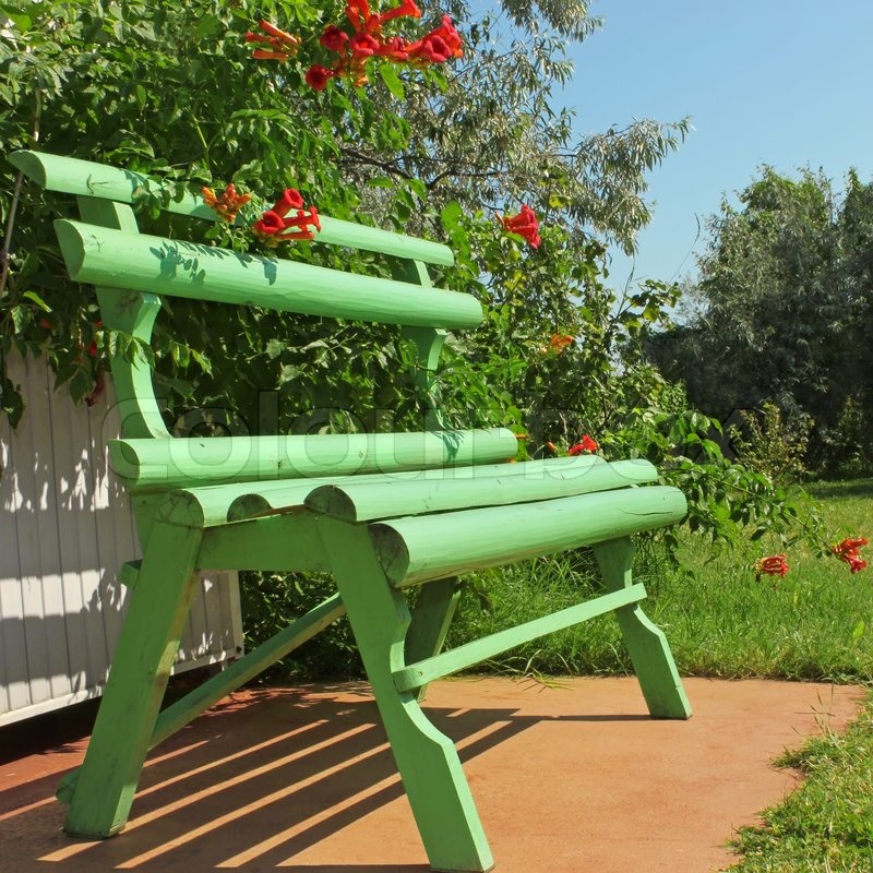 Green wooden bench in the courtyard ... | Stock image | Colourbox
