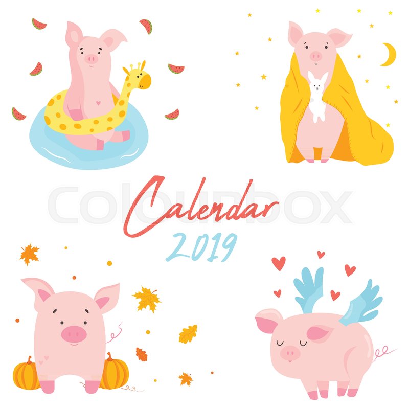 2019 calendar with funny pig monthly page character design