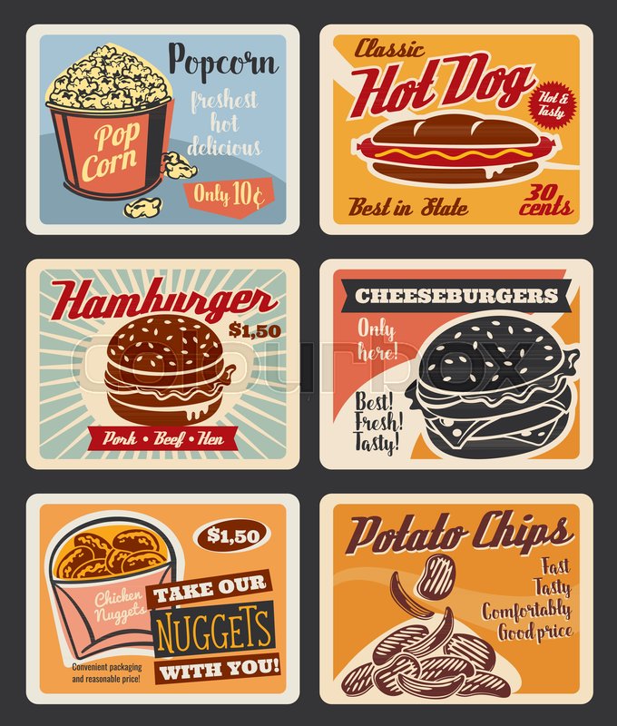 Fast food retro posters for cinema bistro bar or fastfood restaurant ... Fast food retro posters for cinema bistro bar or fastfood restaurant ...