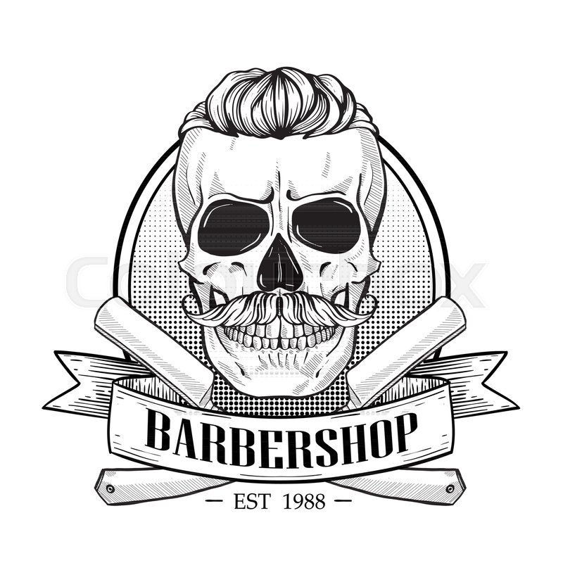 barbershop logo sticker with skull with a mustaches and a hearcut