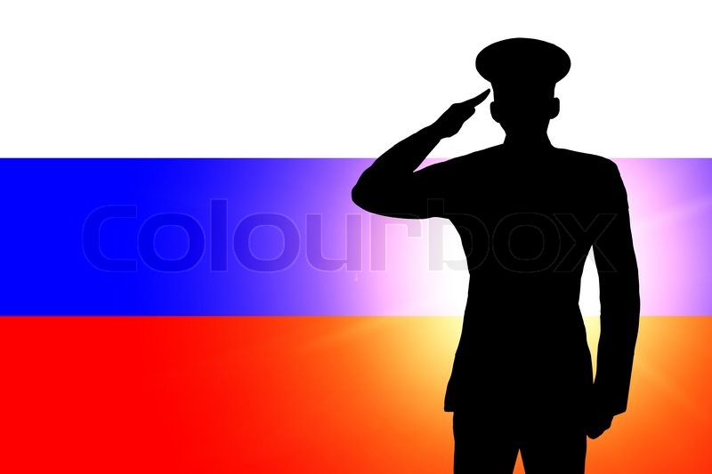 the russian flag and the silhouette of a soldiers military salute stock photo colourbox