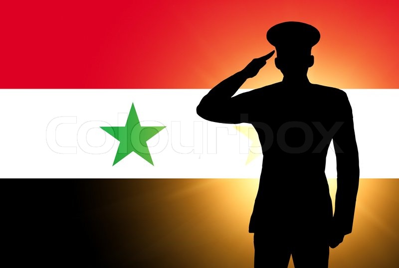 the syria flag and the silhouette of a soldiers military salute stock photo colourbox