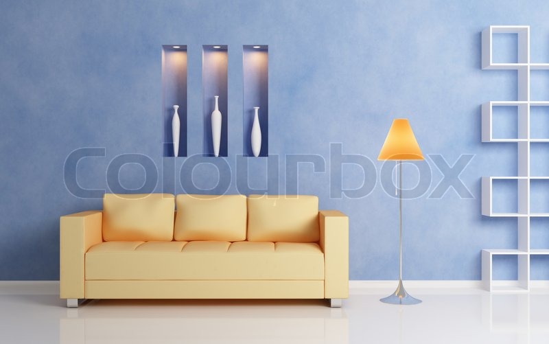 Modern interior compositiom with yellow sofa, white shelf and orange ... Modern interior compositiom with yellow sofa, white shelf and orange ...