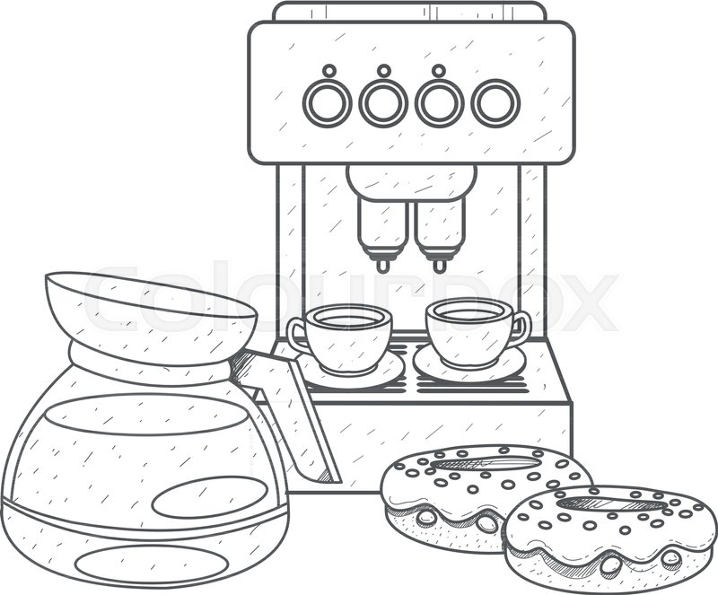 Teapot Brewing Coffee Outline Drawing Machine And Donuts Teapot Brewing Coffee Outline Drawing Machine And Donuts