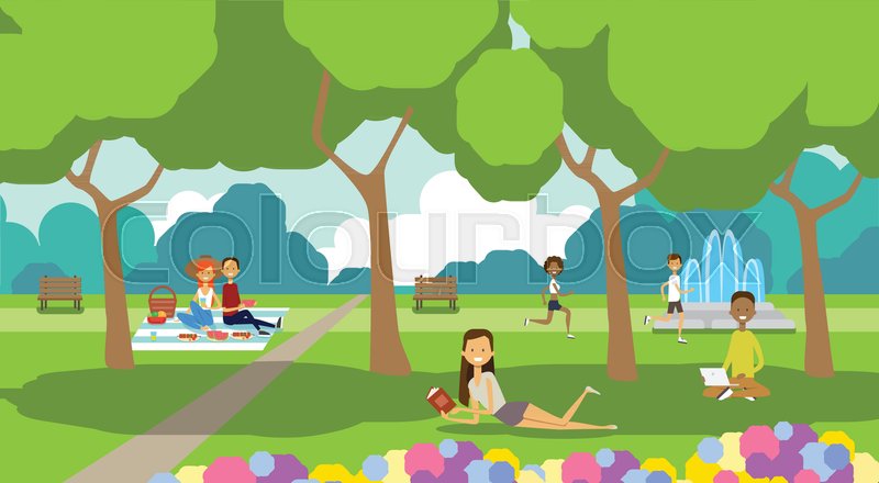 City park relaxing people sitting ... | Stock vector | Colourbox