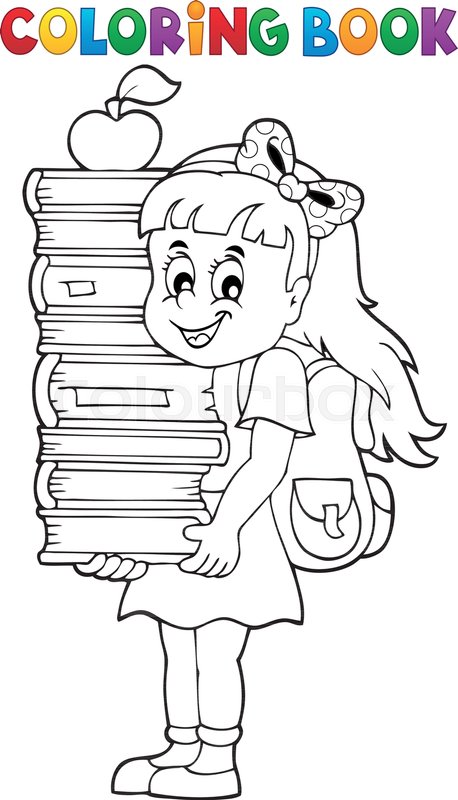 Coloring book with girl holding books ... | Stock vector | Colourbox