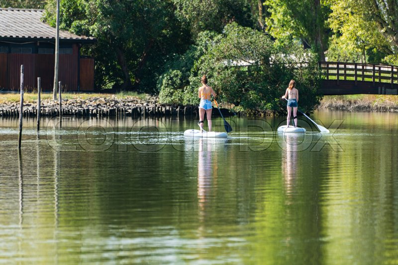 Two women stand up paddleboarding on Stock image Colourbox