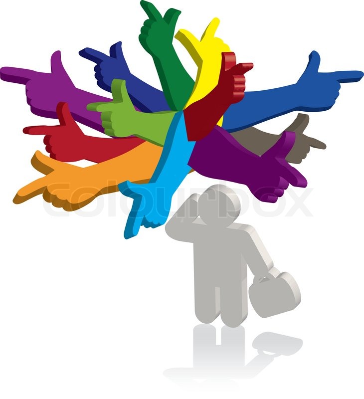 Man thinking with color hands pointing in different directions Stock